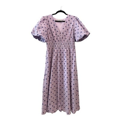 She + Sky Dress Large Lavender Purple Polka Dot Puff Sleeve V-Neck Midi Dress