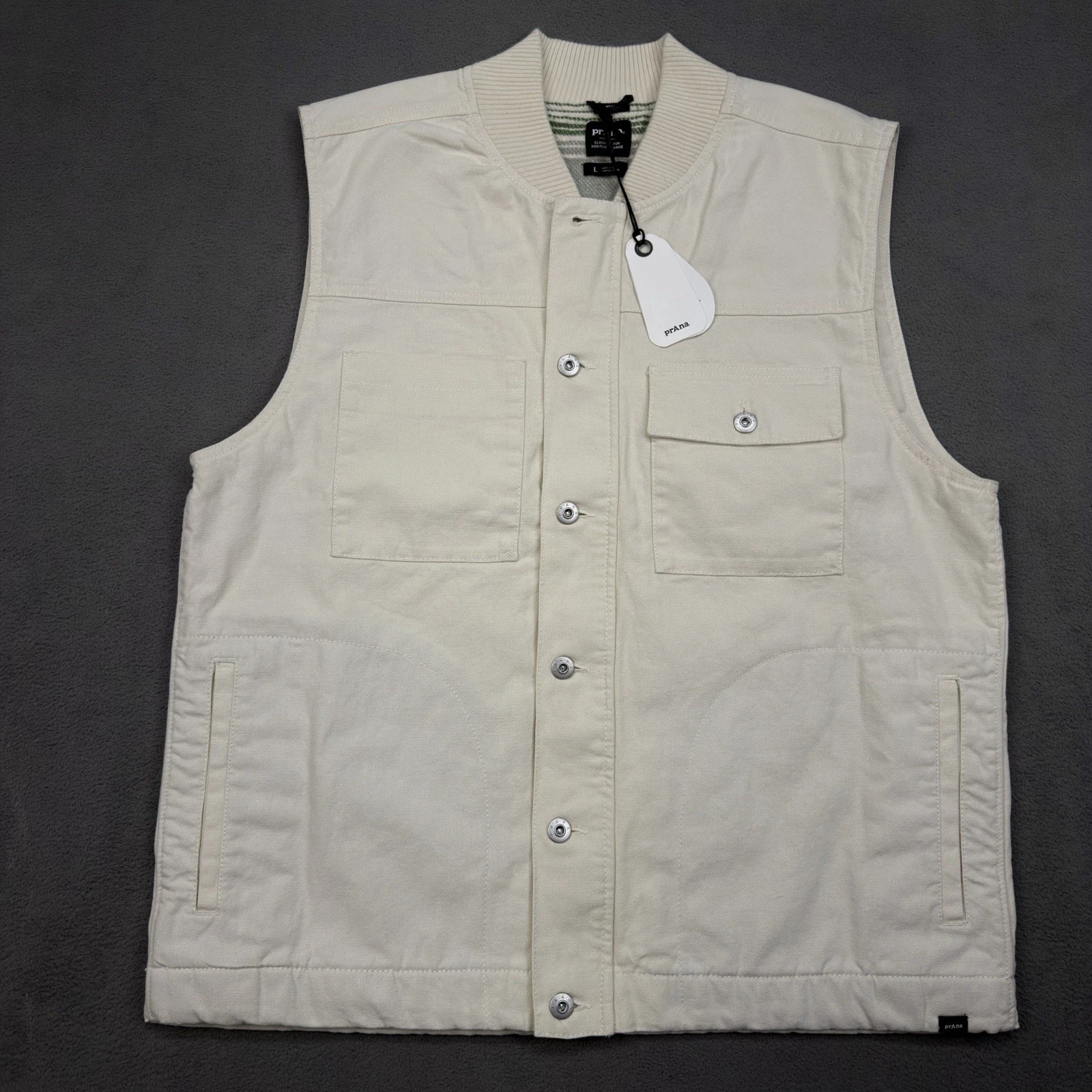 New PrAna Grover Canvas Utility Vest Cargo Mens L Chalk Beige $150 Retail NWT