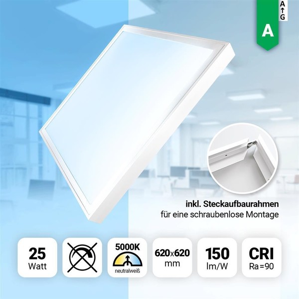 Led Panel 62X62 Neutralweiß 5000K Aufbaurahmen 25W 3750Lm CRI90 Montagerahmen-image