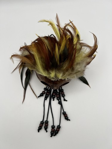 Hawaiian Handmade Warrior Ikaika Makaki'i Makini Mask Helmet Yellow Feathers - Picture 7 of 9