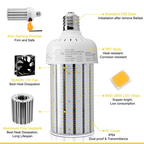 100W LED Corn Cob Light Replacement 400W Metal Halide Bulbs E39 Mogul Base 5000k - Picture 12 of 16