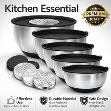 Stainless Steel Mixing Bowls Set of 5 w Lids 3 Graters Non Slip Kitchen Prep