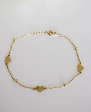 14k Solid Gold Dainty Heart Bracelet Adjustable from 7" to 7.5" 1mm Cable Chain