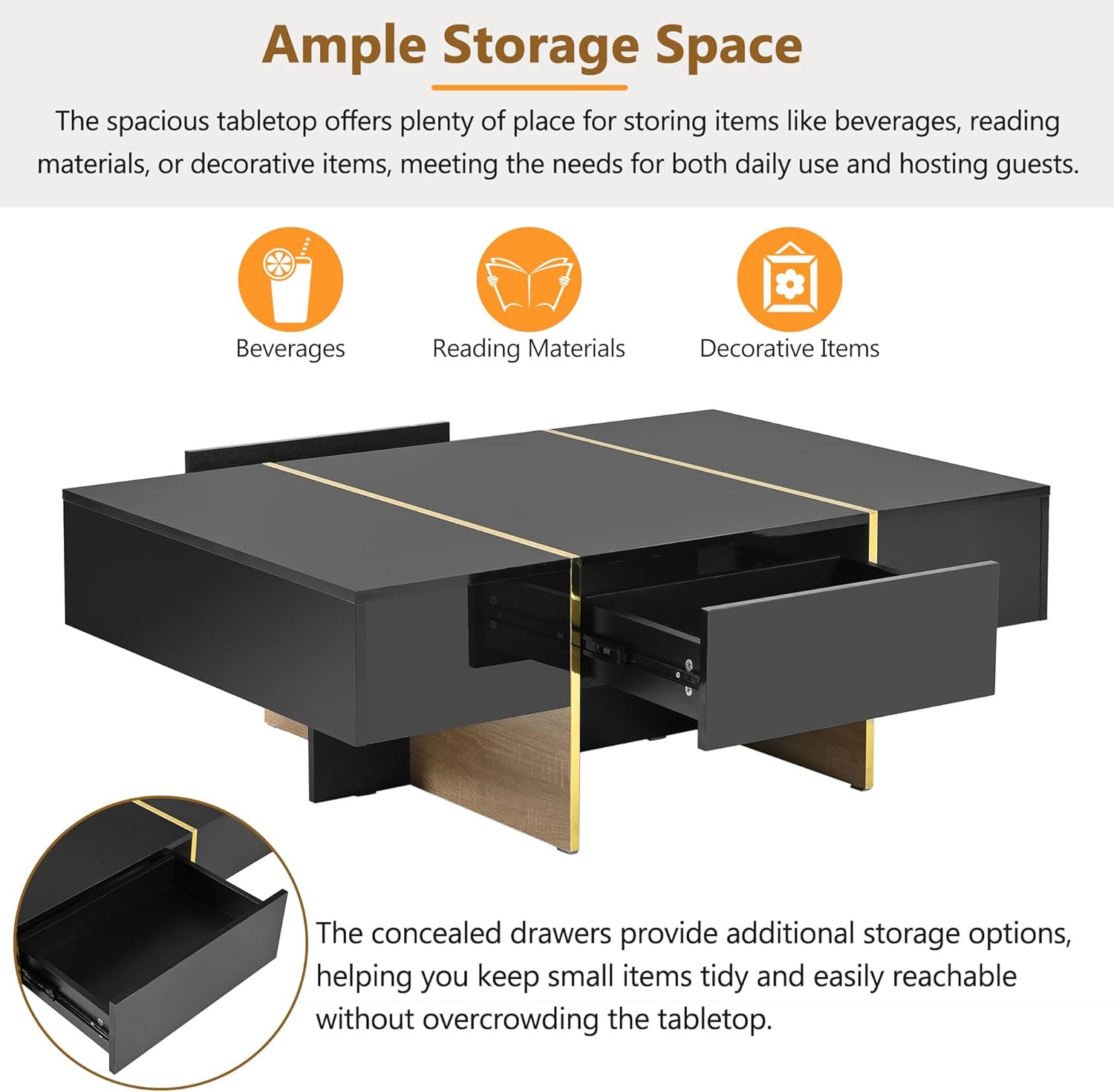 47.2'' X 31.4''Minimalist High Gloss Coffee Table with 2 Drawers, Multi-Storage