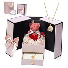 Preserved Real Rose Moss Bear Gifts Box with Necklace for Mom Golden Necklace
