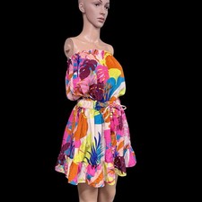 Womens Strapless Tropical Boho Mini Dress Sz M Resort Cruise Travel Colorful