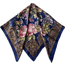 Vintage Scarf, Multicolor Floral on Beautiful Blue Backround, 30 30 Square.