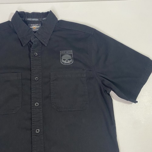 Harley Davidson Button Up Shirt Mens Lg Black Willie G Skull Shield Short Sleeve - Picture 3 of 14