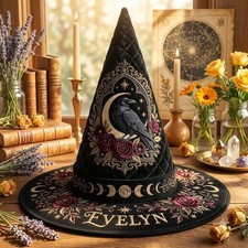 Custom Name Raven Quilted Witch Hat Printed Gothic Rose Crescent Moon Cap