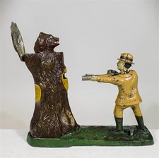 c1907 CAST IRON MECHANICAL BANK - TEDDY AND THE BEAR - THEODORE ROOSEVELT HUNTER