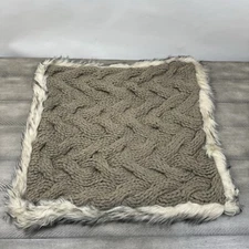 Pottery Barn Button Knit Faux Fur Trim Pillow Cover Brown Tan 20”x20” NWOT