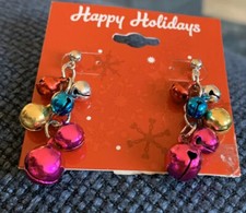 Holiday-Winter Jingle Bells Dangle Studs BRIGHT MULTI COLORED New old Stock B1