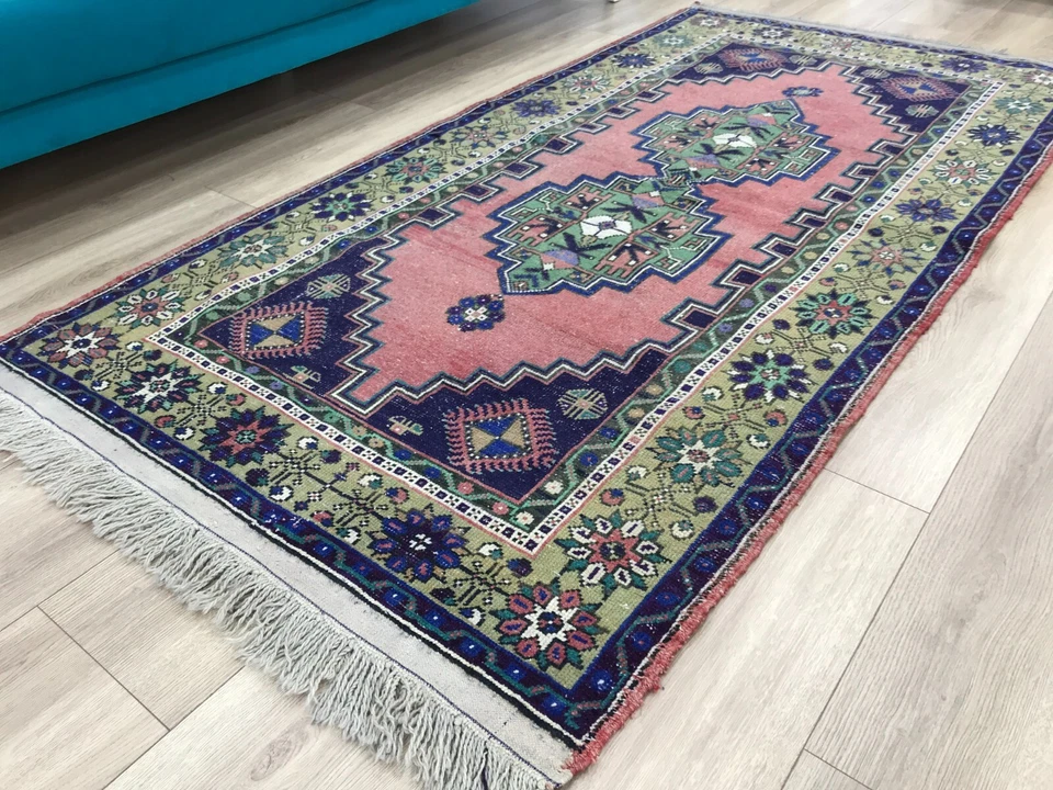 Alfombra nómada, alfombra de lana, alfombra vintage, alfombra de sala de estar, Oushak hecho a mano, 3,6 x 7,4 pies Foto 4 de 4