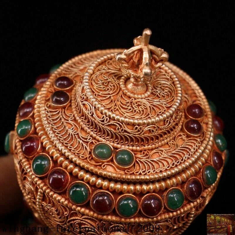 4"Old Tibet Buddhism silver Gilt Inlay gem Buddha's Relics Shariputra box Boxes - Image 4 of 4