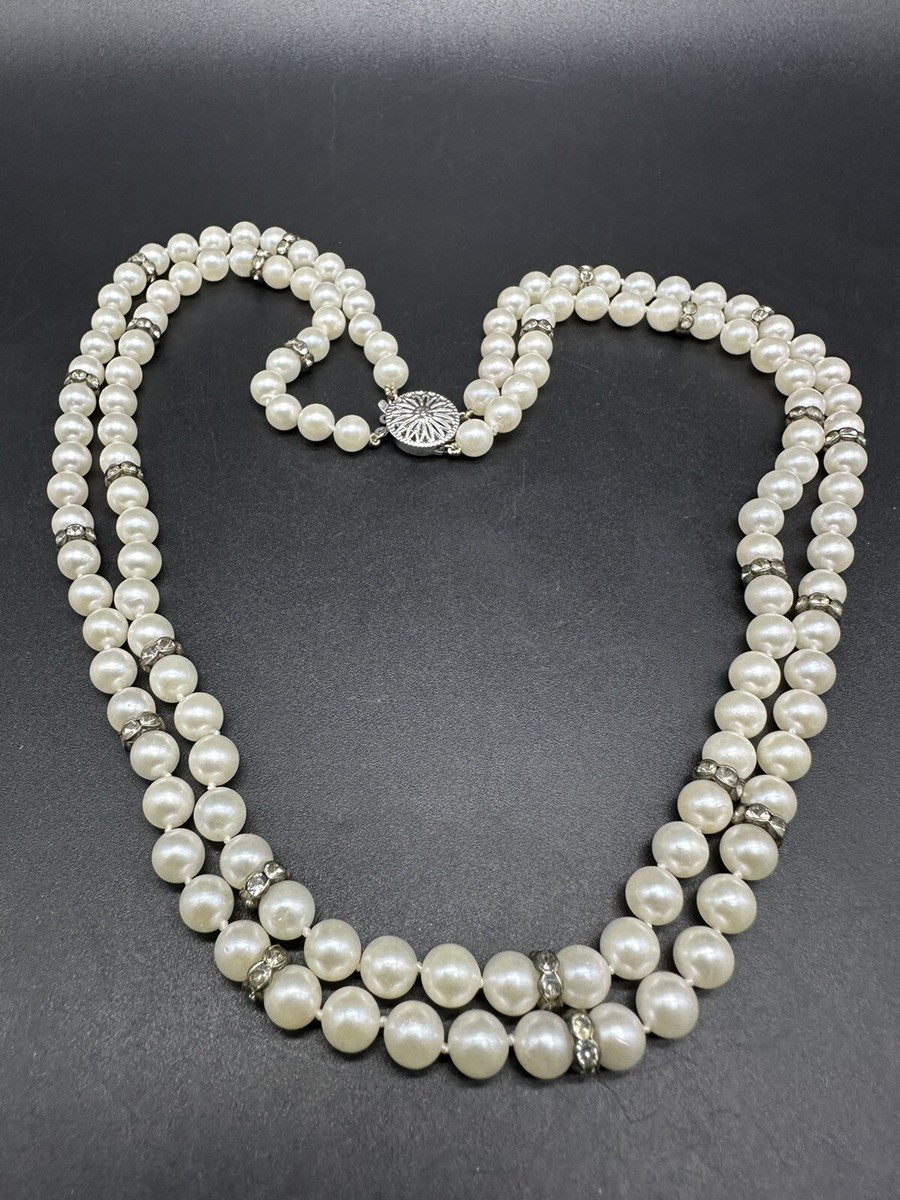 Vtg Double Strand Imitation Pearl Necklace Estate Jewelry