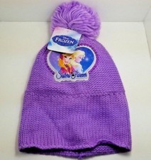 New Girls Disney Frozen Purple Knit Hat Sisters Forever Fleece Lined Hat 4-14
