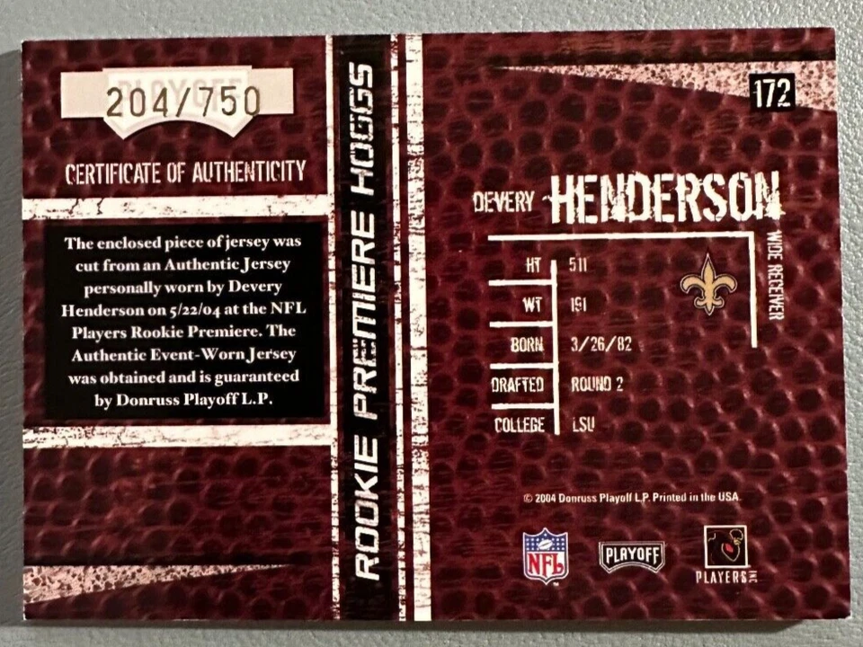 DEVERY HENDERSON 2004 Playoff Hogg Heaven Rookie Premiere Jersey RC 204/750 - Image 2 of 2