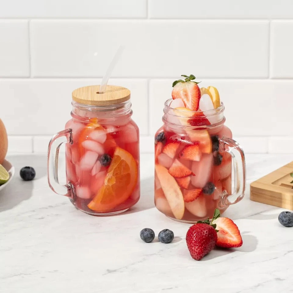 Tarros de vidrio de 4 piezas con tapas de bambú y pajita, tarro de albañil de 16 oz vasos para beber Foto 2 de 4