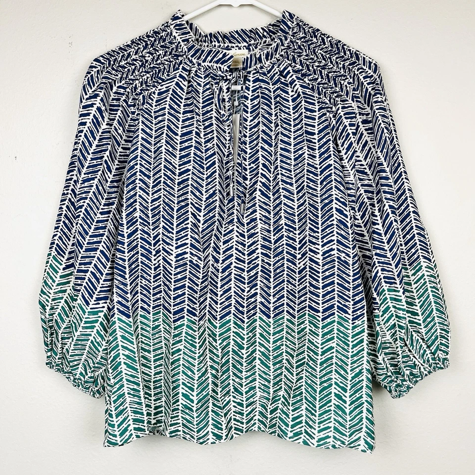 全新带标签 Shoshanna XS Milani 绿色蓝色印花领带袖口上衣 — 第 2/4 张图片