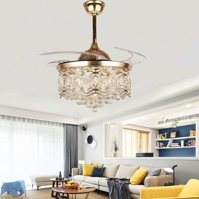 42'' Modern Crystal Chandelier Ceiling Fans with Lights Remote Retractable Blades