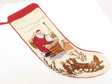 Vintage Handmade Needlepoint Christmas Stocking Santa Reindeer 26"H NOEL  D3412