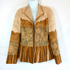 Coldwater Creek Women jacket Open brown tan patch work mixed media Sz 14 boho