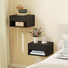 Bedside Tables Set of 2, Nightstand Wall Mounted with Drawer and Shelf, Black