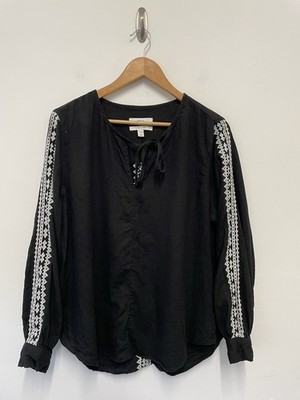 Bestickte Bluse Größe 16 schwarz weiß Leinenmischung Ballonärmel vorne zum Binden von M&S