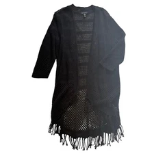 H by Halston Long Line Black Cardigan with Fringe Size M 