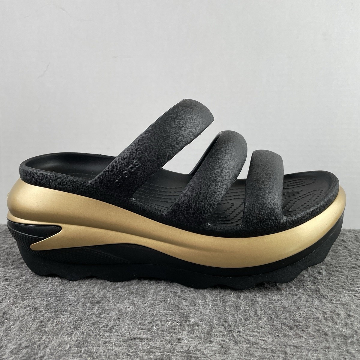 Crocs Mega Crush Metallic Black/Gold Triple Strap Sandal Women's