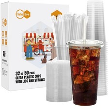 50 Sets 32 OZ Clear Plastic Cups with Lids and Straws, Disposable To Go Iced ...