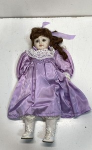 Porcelain Doll Marked Flannine Lee 19 Inch Purple Satin Dress