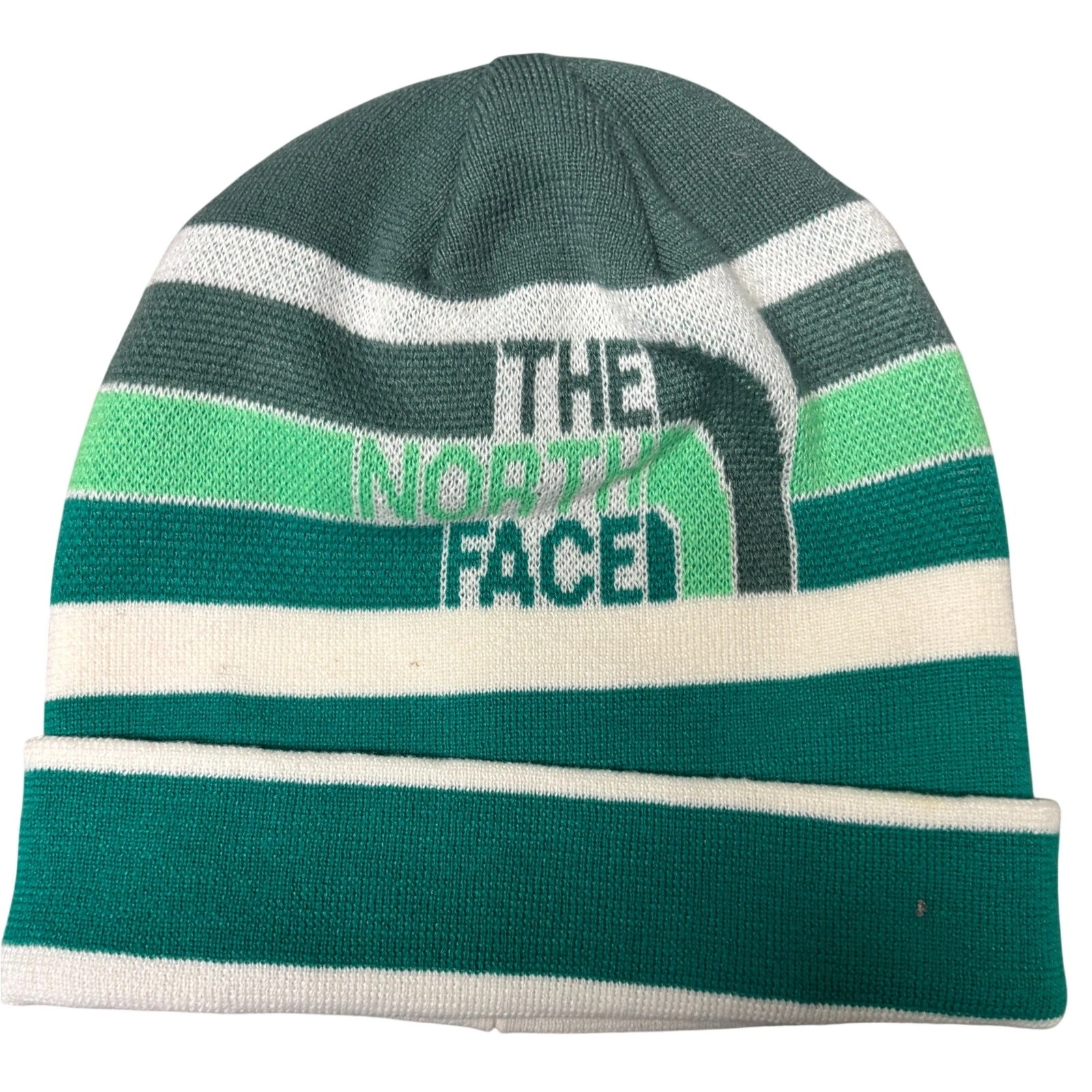 The North Face Beanie Hat Green White Striped Knit Logo Winter Cap Adult EUC
