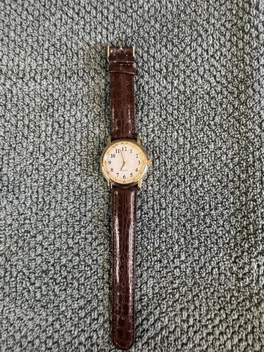 Advance Mens Watch Gold Tone White Dial Brown Leather Band New Battery - Picture 2 of 4