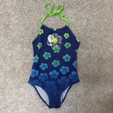 Vintage 90s Looney Tunes Swimsuit Girls 14 Blue Floral One Piece Tweety Hawaiian