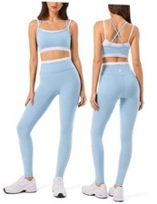 2 Pieces Workout Sets for Women,Seamless Yoga Leggings with Padded Small Blu009