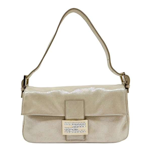 FENDI Baguette Rhinestone Logo Glittery Beige Leather Shoulder Bag