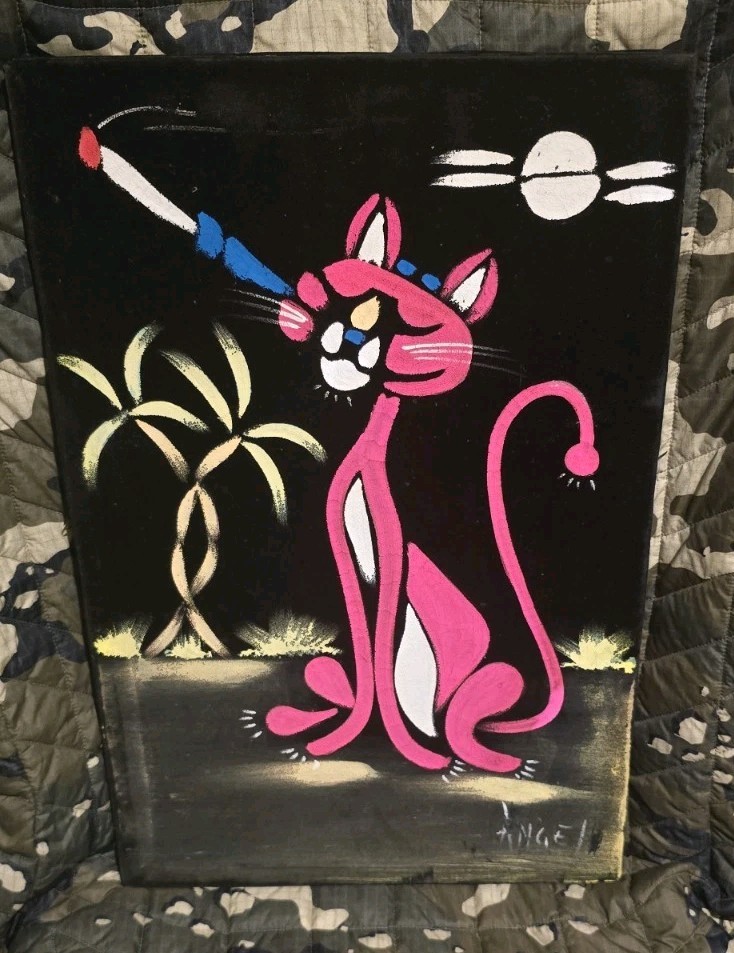 Pink Panther Smoking Cigarette Black Velvet Painting Signed Vintage