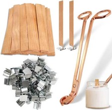 Wood Candle Wicks 100 Pcs 5.1x0.5 Inch with Iron Stand Rose Gold Trimmer DIY