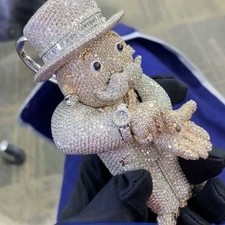 8Ct Round Cut Tester Pass Moissanite Men Custom Face Pendant 925 Sterling Silver