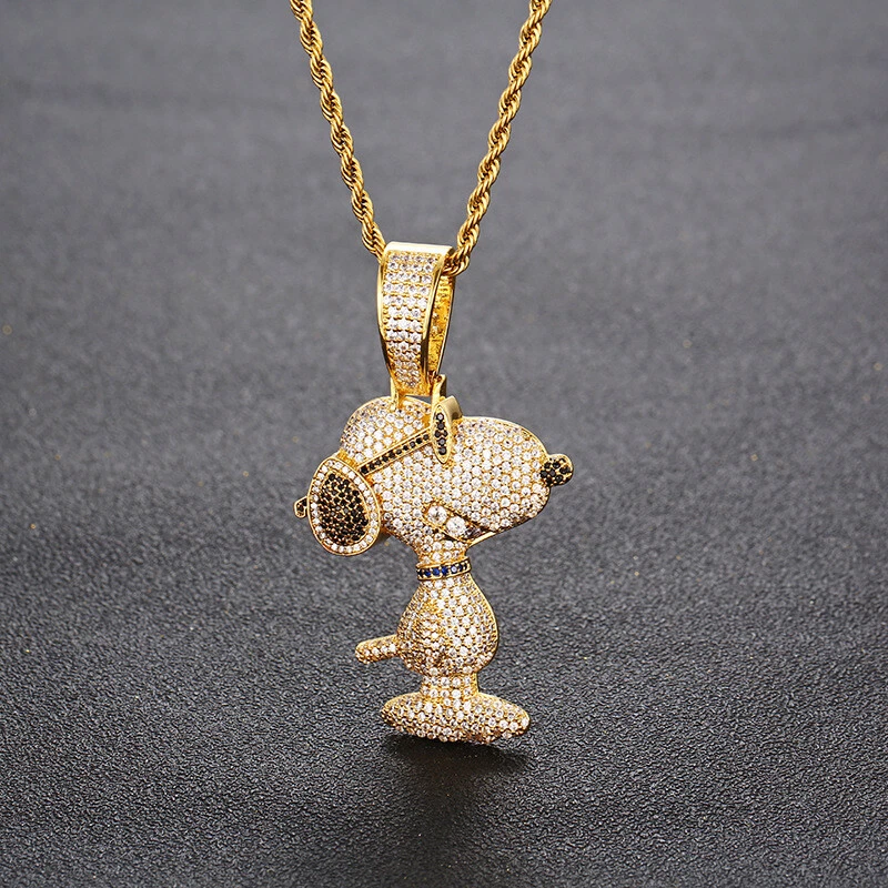 Cadena colgante 5AAA+ CIRCONITA CÚBICA Hop Hip Ice Out dibujos animados fisgón perro chapado en oro real 24 k Foto 3 de 4