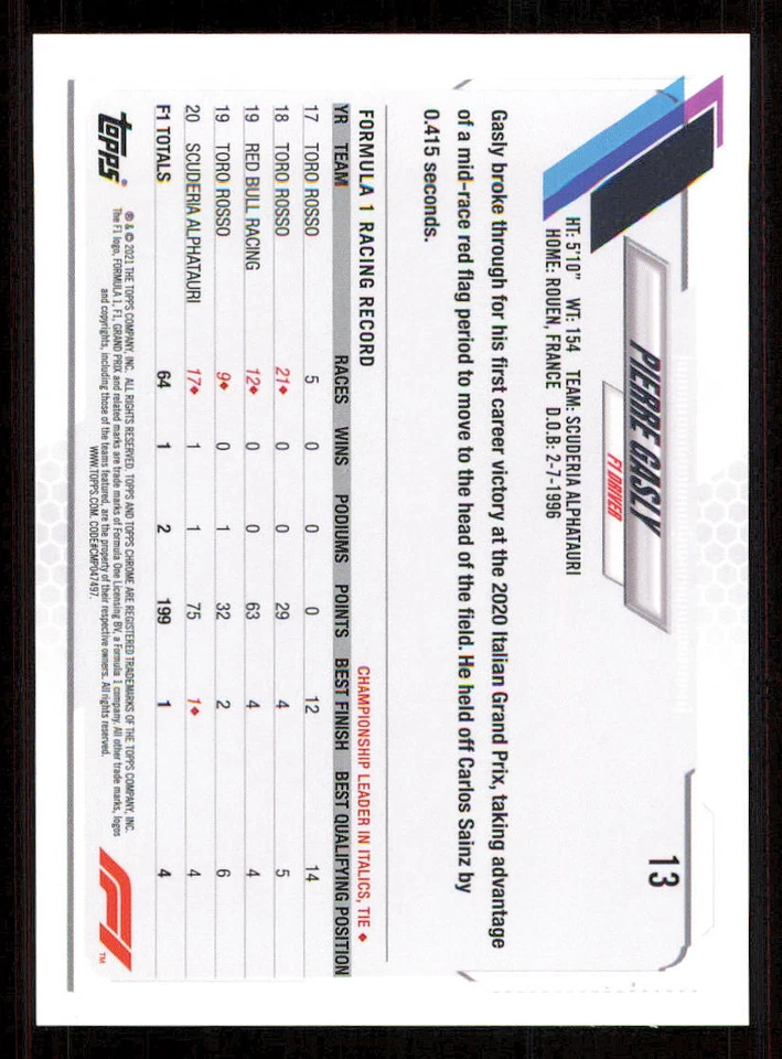 2021 Topps Chrome Formula 1 #13 Pierre Gasly - Image 2 of 2