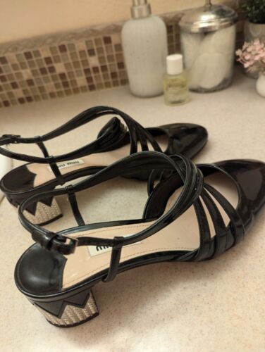 Miu Miu Black Patent Leather Crystal Silver Block Chunky Heel Pump 37.5