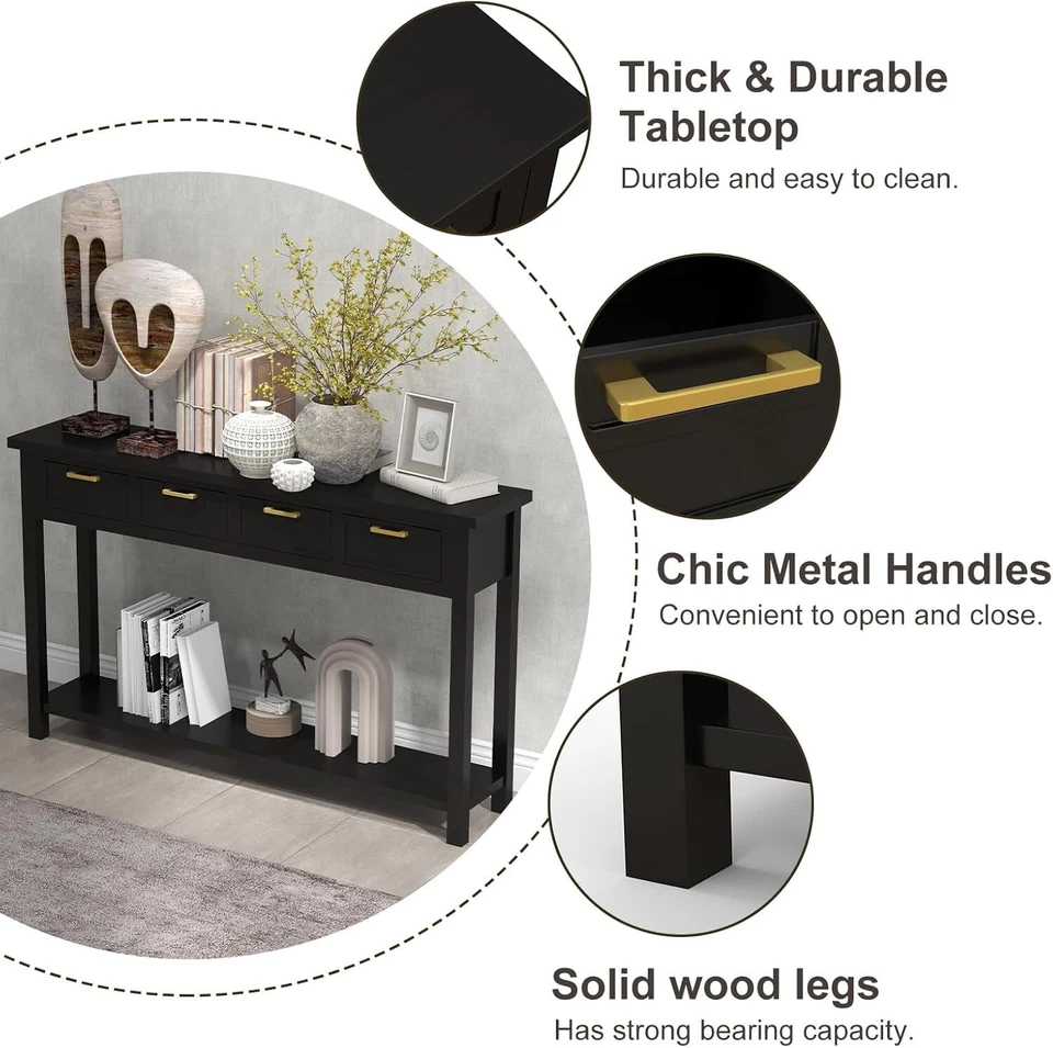 Mesa de entrada preta 60 polegadas longa console mesa com 4 gavetas e prateleira de armazenamento - Imagem 3 de 4