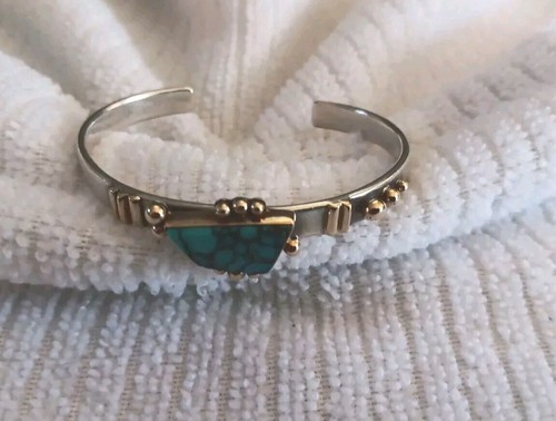 Bracciale Nativi Americani Navajo Artie Yellowhorse Oro 14K Y e Turchese Sterling - Foto 9 di 22