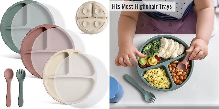 Paquete de 3 platos con ventosa, tapas y utensilios para bebés y niños pequeños.