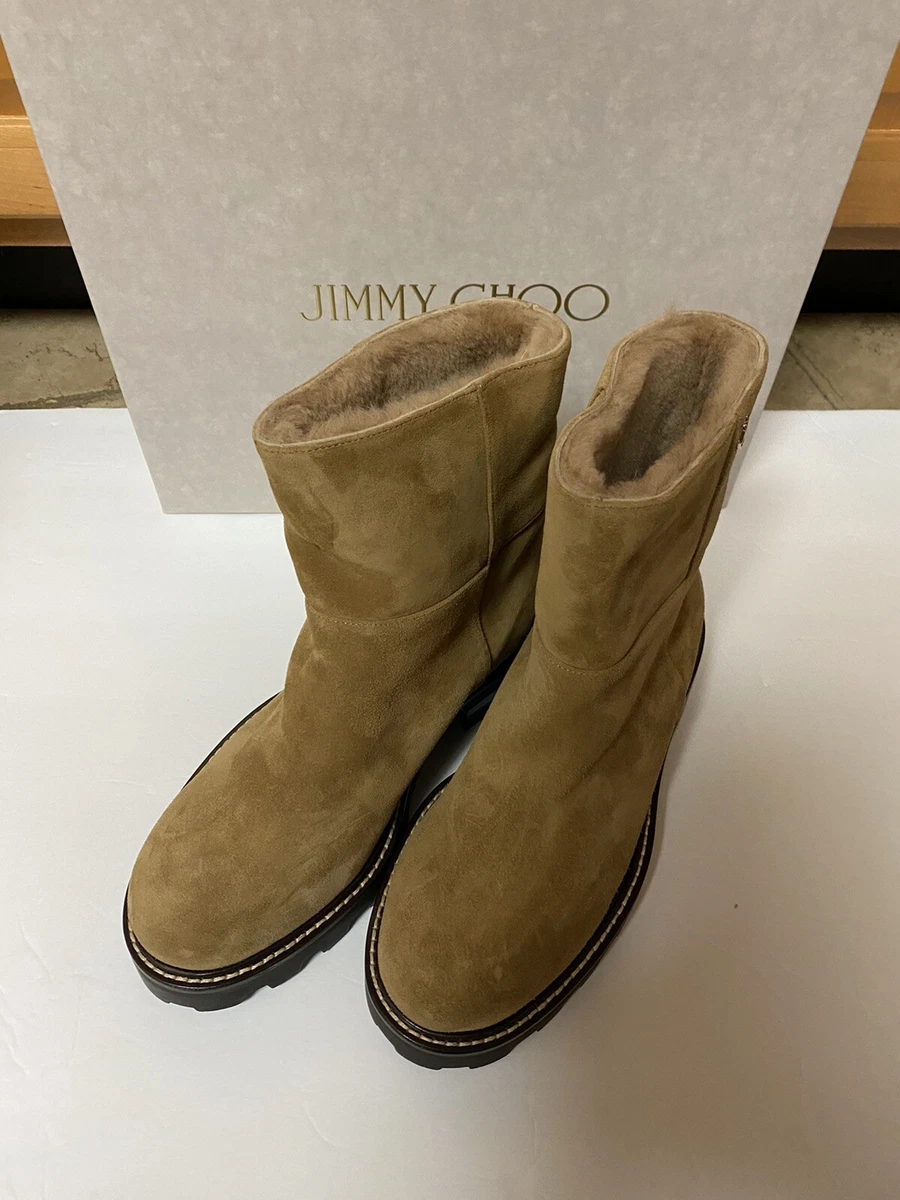 NIB Jimmy Choo Haysel Flat Honey Crosta Suede Shearling Boots Size 37.5 1095