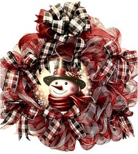 Snowman Wreath 20 Inch Diameter Handmade Burgundy Black Plaid Decomesh Ribbon