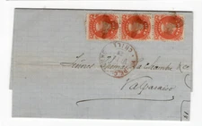 CHILE 1872 First Perforate 5c strip of 3 Puerto de Coquimbo to Valparaiso