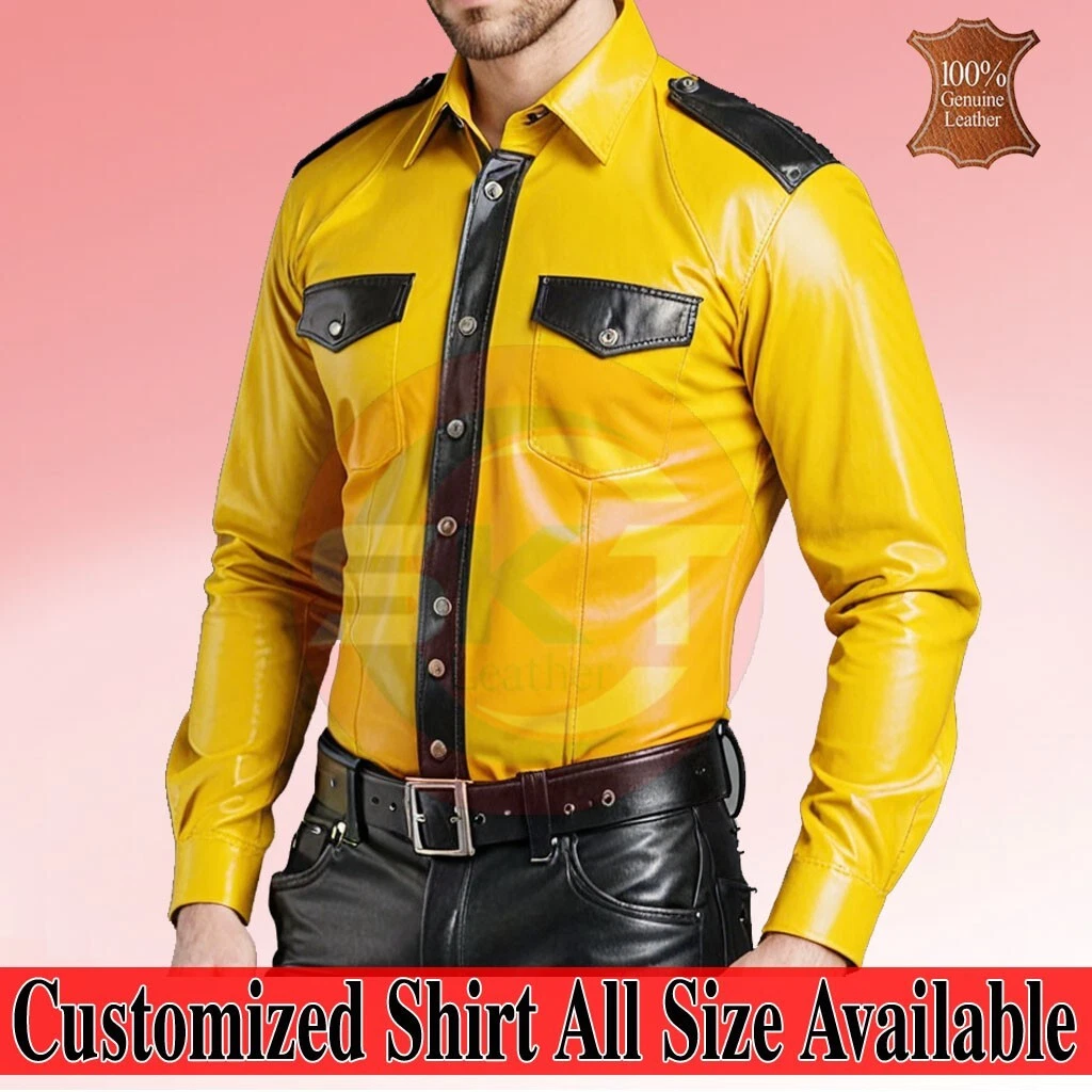 Mens Real Leather Yellow Police Shirt BLUF Cuir Shirt Biker Slim Fit Full Sleeve